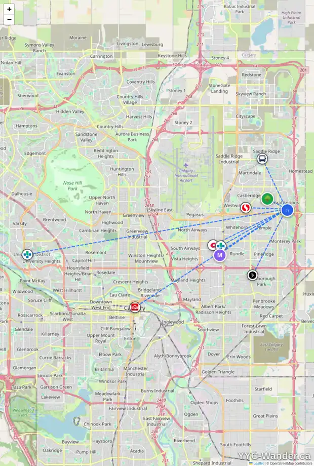 Daily accessibility map for 99 CORAL SPRINGS BV NE, Calgary showing nearby schools, grocery stores, parks, LRT stations and nearby amenities