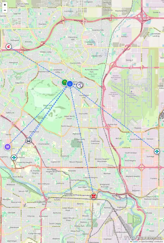 Daily accessibility map for 164 BERWICK WY NW, Calgary showing nearby schools, grocery stores, parks, LRT stations and nearby amenities