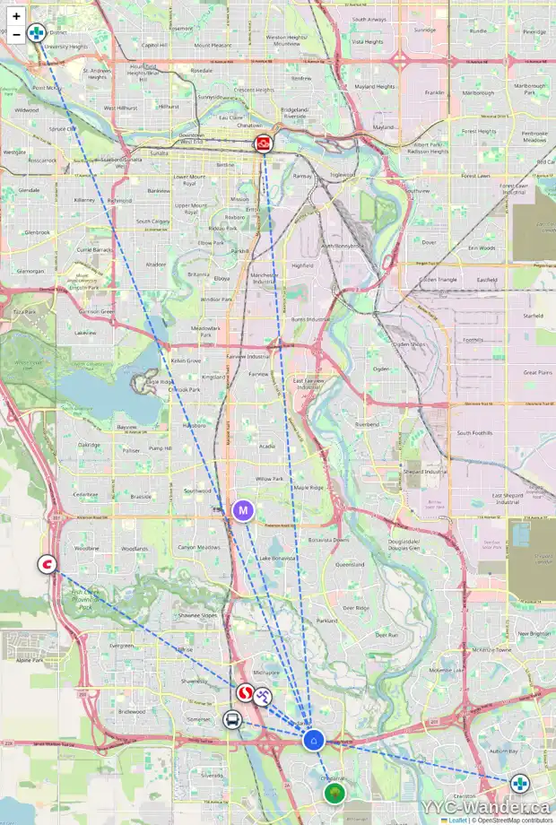 Daily accessibility map for 104 SUNLAKE RD SE, Calgary showing nearby schools, grocery stores, parks, LRT stations and nearby amenities
