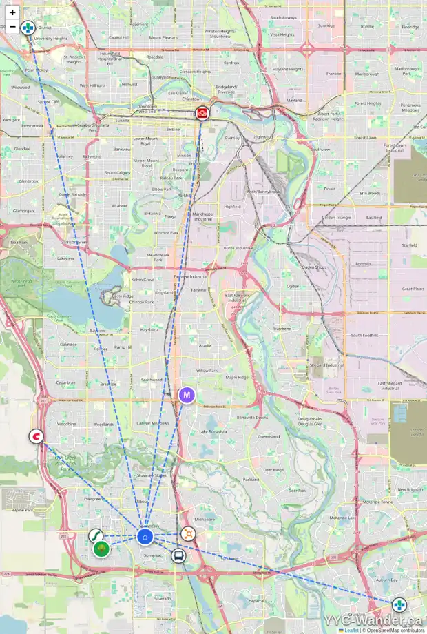 Daily accessibility map for 16238 SHAWBROOKE DR SW, Calgary showing nearby schools, grocery stores, parks, LRT stations and nearby amenities