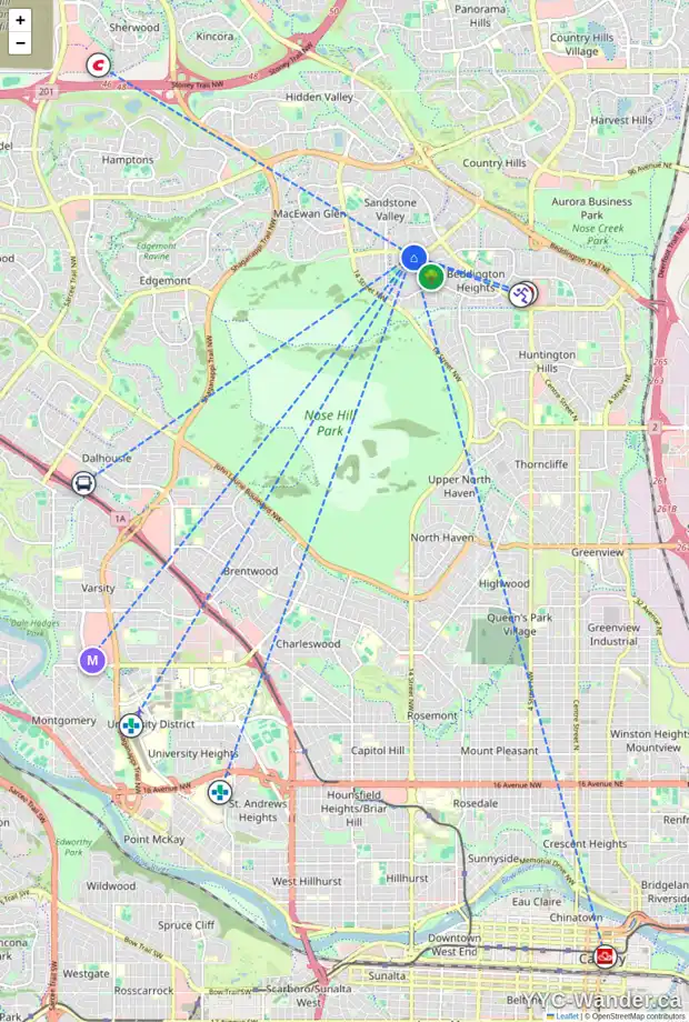 Daily accessibility map for 92 BEARBERRY CR NW, Calgary showing nearby schools, grocery stores, parks, LRT stations and nearby amenities
