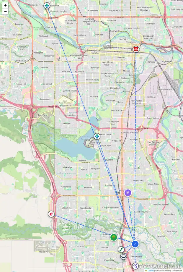 Daily accessibility map for 568 MIDRIDGE DR SE, Calgary showing nearby schools, grocery stores, parks, LRT stations and nearby amenities