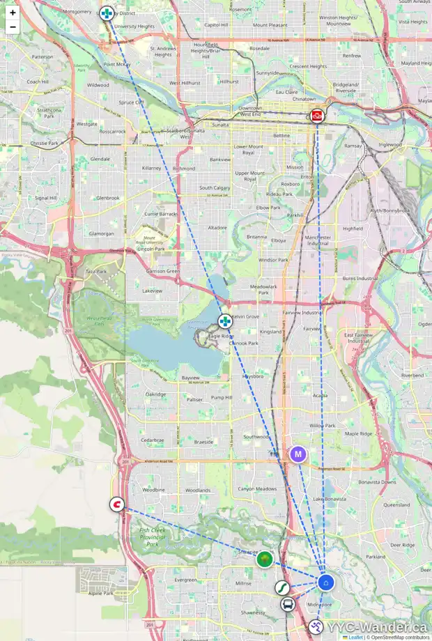 Daily accessibility map for 54 MIDRIDGE RI SE, Calgary showing nearby schools, grocery stores, parks, LRT stations and nearby amenities