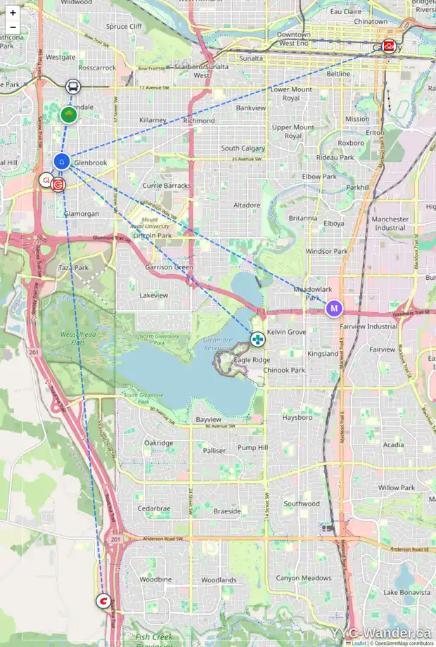 Daily accessibility map for 3348 49 ST SW, Calgary showing nearby schools, grocery stores, parks, LRT stations and nearby amenities