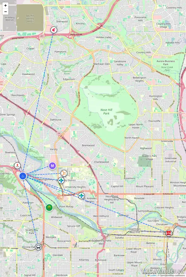 Daily accessibility map for 132 BOWDALE CR NW, Calgary showing nearby schools, grocery stores, parks, LRT stations and nearby amenities