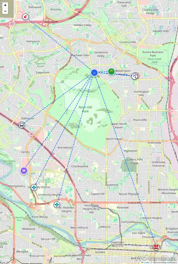 Daily accessibility map for 80 BEACONSFIELD WY NW, Calgary showing nearby schools, grocery stores, parks, LRT stations and nearby amenities