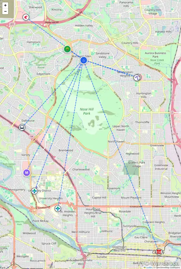 Daily accessibility map for 124 MACEWAN DR NW, Calgary showing nearby schools, grocery stores, parks, LRT stations and nearby amenities