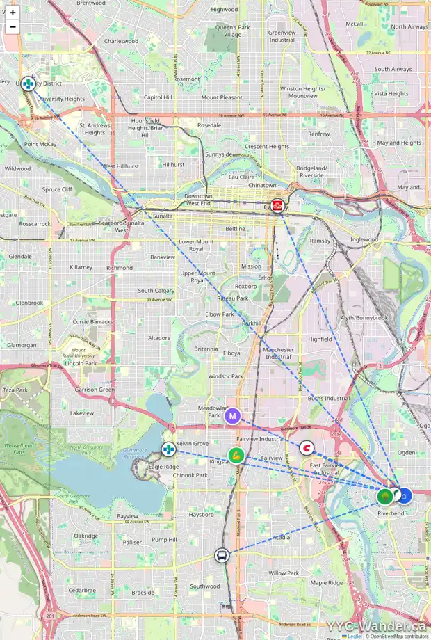 Daily accessibility map for 67 RIVERCREST CI SE, Calgary showing nearby schools, grocery stores, parks, LRT stations and nearby amenities
