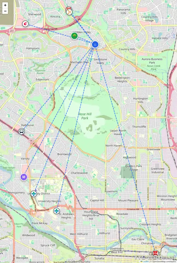 Daily accessibility map for 128 HIDDEN VALE PL NW, Calgary showing nearby schools, grocery stores, parks, LRT stations and nearby amenities