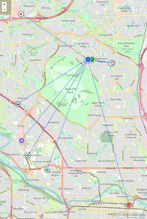 Daily accessibility map for 45 BEACHAM WY NW, Calgary showing nearby schools, grocery stores, parks, LRT stations and nearby amenities