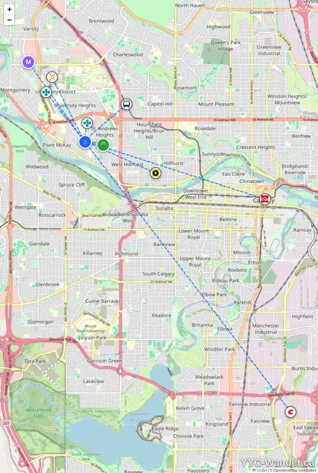 Daily accessibility map for 926 34 ST NW, Calgary showing nearby schools, grocery stores, parks, LRT stations and nearby amenities
