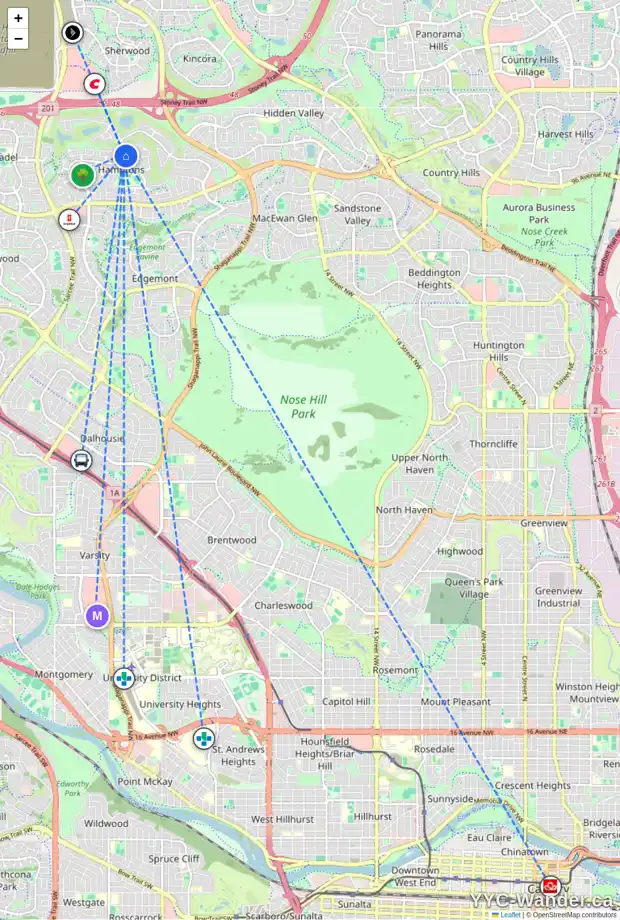 Daily accessibility map for 68 HAMPTONS RI NW, Calgary showing nearby schools, grocery stores, parks, LRT stations and nearby amenities