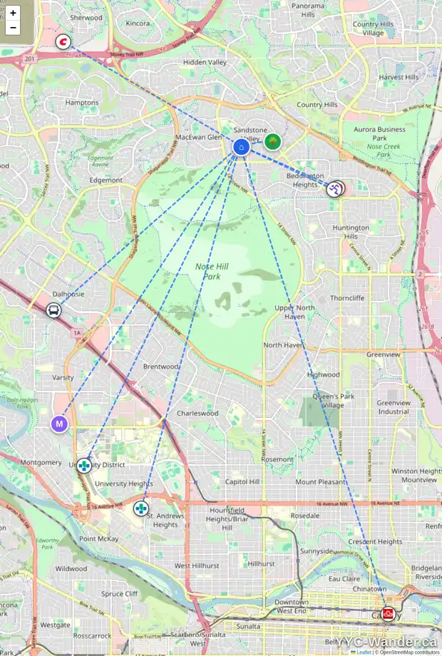 Daily accessibility map for 212 SANDRINGHAM CO NW, Calgary showing nearby schools, grocery stores, parks, LRT stations and nearby amenities