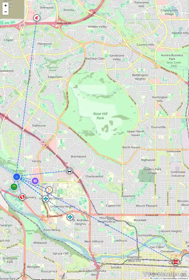 Daily accessibility map for 6008 BOW CR NW, Calgary showing nearby schools, grocery stores, parks, LRT stations and nearby amenities