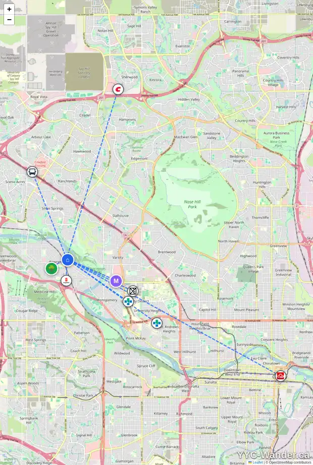Daily accessibility map for 6756 BOW CR NW, Calgary showing nearby schools, grocery stores, parks, LRT stations and nearby amenities