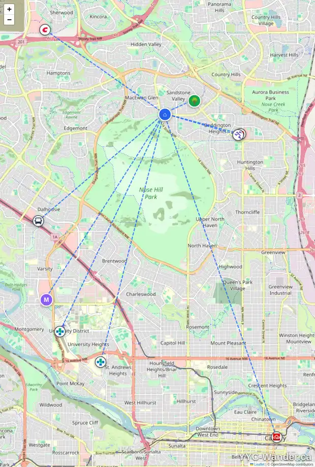 Daily accessibility map for 301 SANDRINGHAM RD NW, Calgary showing nearby schools, grocery stores, parks, LRT stations and nearby amenities