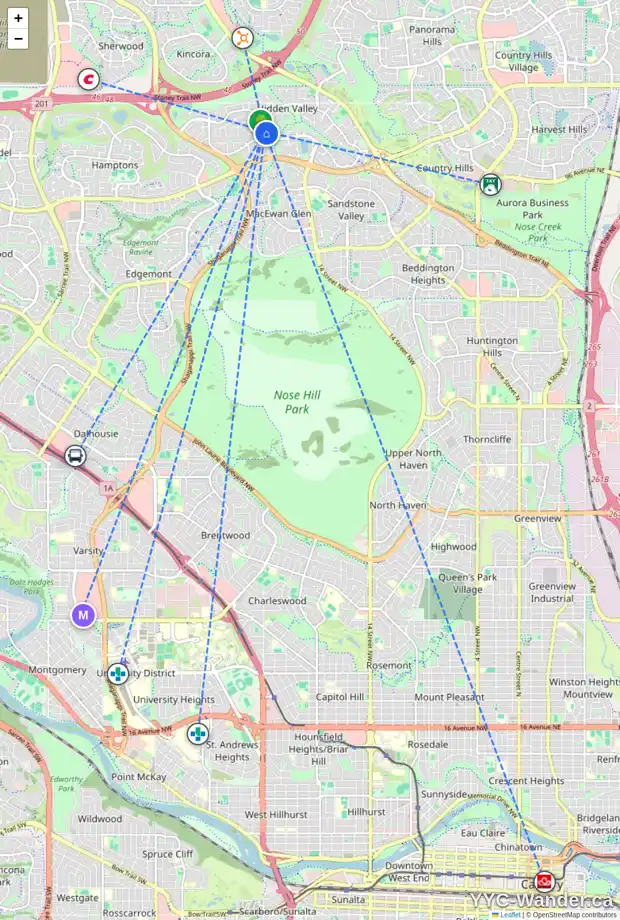 Daily accessibility map for 88 HIDDEN PA NW, Calgary showing nearby schools, grocery stores, parks, LRT stations and nearby amenities