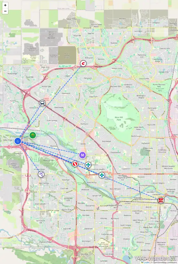 Daily accessibility map for 19 VALLEY GLEN HT NW, Calgary showing nearby schools, grocery stores, parks, LRT stations and nearby amenities
