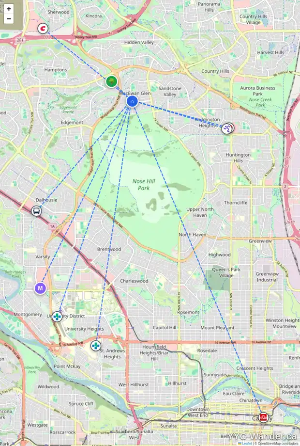 Daily accessibility map for 168 MACEWAN PARK CI NW, Calgary showing nearby schools, grocery stores, parks, LRT stations and nearby amenities