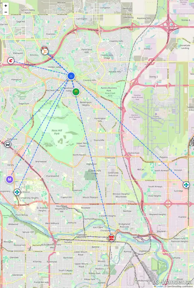 Daily accessibility map for 10350 HIDDEN VALLEY DR NW, Calgary showing nearby schools, grocery stores, parks, LRT stations and nearby amenities