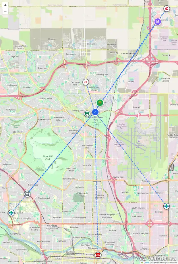Daily accessibility map for 145 HARVEST ROSE CI NE, Calgary showing nearby schools, grocery stores, parks, LRT stations and nearby amenities