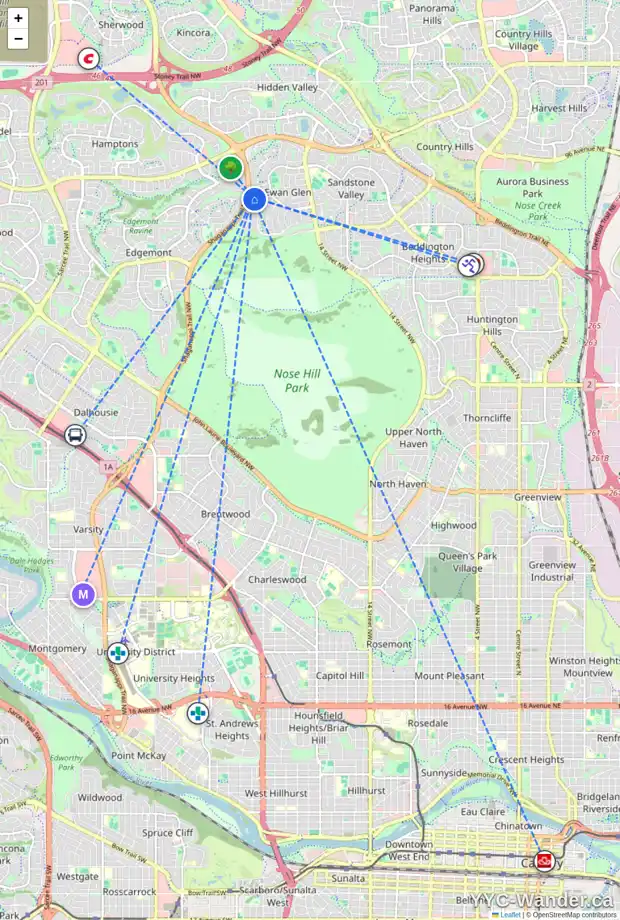 Daily accessibility map for 76 MACEWAN PARK RI NW, Calgary showing nearby schools, grocery stores, parks, LRT stations and nearby amenities