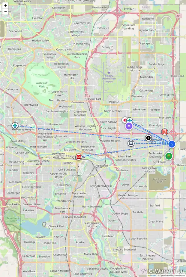Daily accessibility map for 54 ABERDARE WY NE, Calgary showing nearby schools, grocery stores, parks, LRT stations and nearby amenities