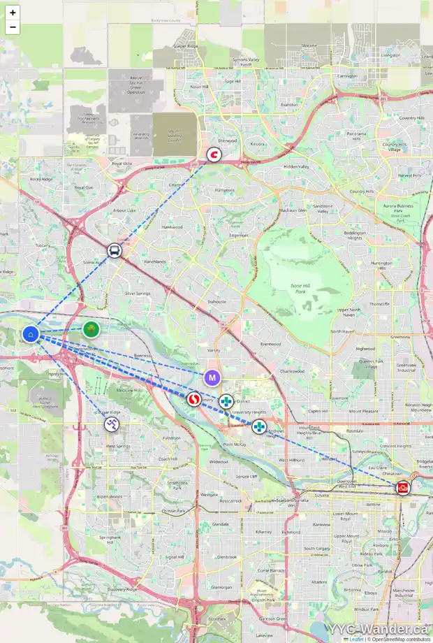 Daily accessibility map for 122 VALLEY RIDGE PT NW, Calgary showing nearby schools, grocery stores, parks, LRT stations and nearby amenities