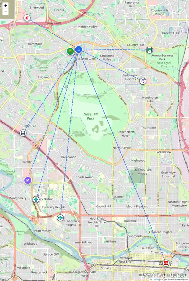 Daily accessibility map for 32 MACEWAN RIDGE VW NW, Calgary showing nearby schools, grocery stores, parks, LRT stations and nearby amenities