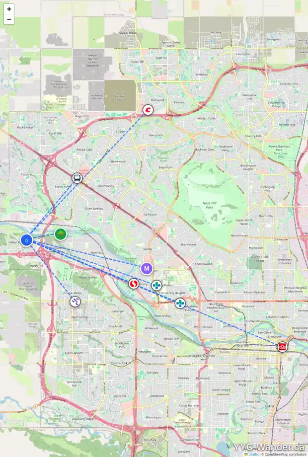 Daily accessibility map for 11083 VALLEY SPRINGS RD NW, Calgary showing nearby schools, grocery stores, parks, LRT stations and nearby amenities