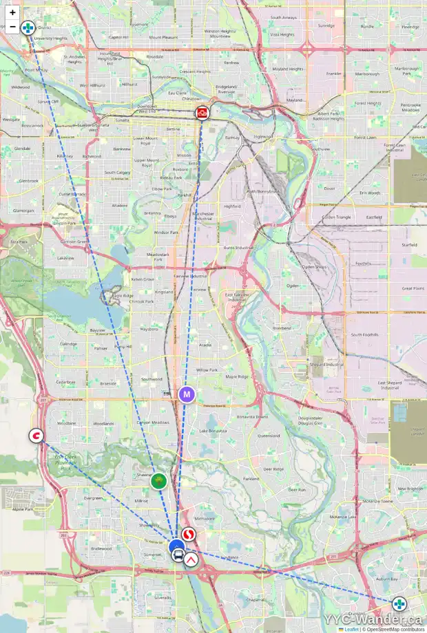 Daily accessibility map for 106 SOMERVALE GR SW, Calgary showing nearby schools, grocery stores, parks, LRT stations and nearby amenities