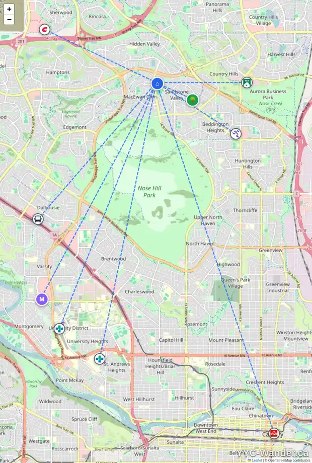 Daily accessibility map for 154 388 SANDARAC DR NW, Calgary showing nearby schools, grocery stores, parks, LRT stations and nearby amenities