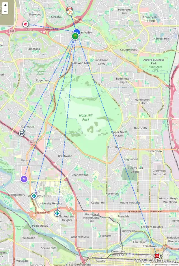 Daily accessibility map for 35 HIDDEN RIDGE PL NW, Calgary showing nearby schools, grocery stores, parks, LRT stations and nearby amenities