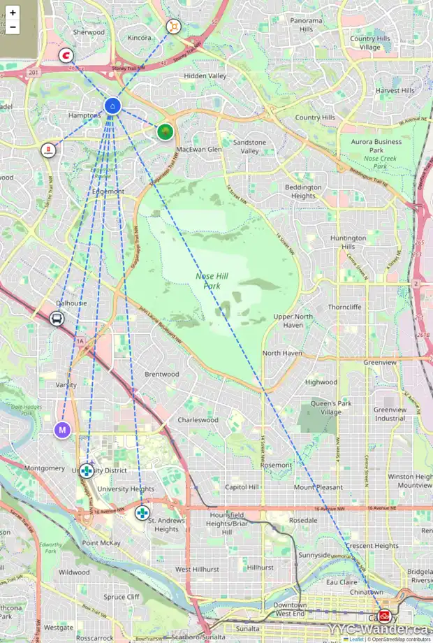 Daily accessibility map for 90 HAMPTONS LI NW, Calgary showing nearby schools, grocery stores, parks, LRT stations and nearby amenities