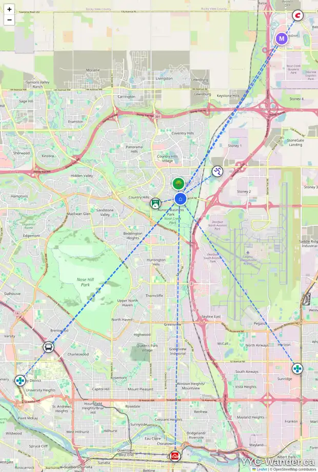 Daily accessibility map for 9768 HARVEST HILLS LI NE, Calgary showing nearby schools, grocery stores, parks, LRT stations and nearby amenities