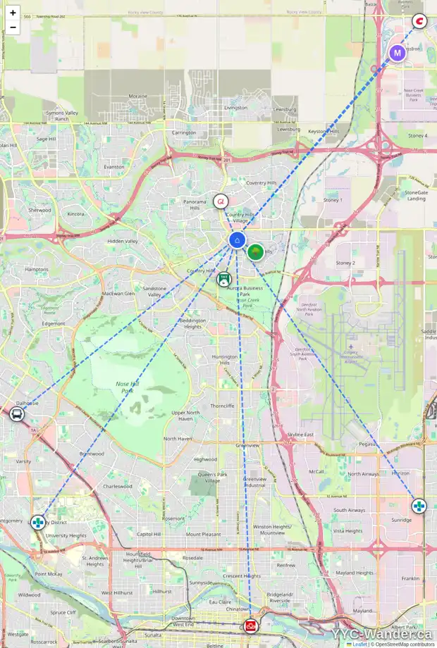 Daily accessibility map for 7 HARVEST OAK DR NE, Calgary showing nearby schools, grocery stores, parks, LRT stations and nearby amenities
