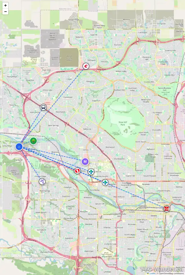 Daily accessibility map for 43 VALLEY GLEN HT NW, Calgary showing nearby schools, grocery stores, parks, LRT stations and nearby amenities
