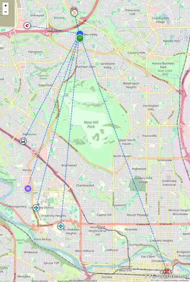 Daily accessibility map for 31 HIDDEN RANCH CR NW, Calgary showing nearby schools, grocery stores, parks, LRT stations and nearby amenities