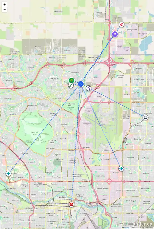 Daily accessibility map for 247 COVENTRY CL NE, Calgary showing nearby schools, grocery stores, parks, LRT stations and nearby amenities