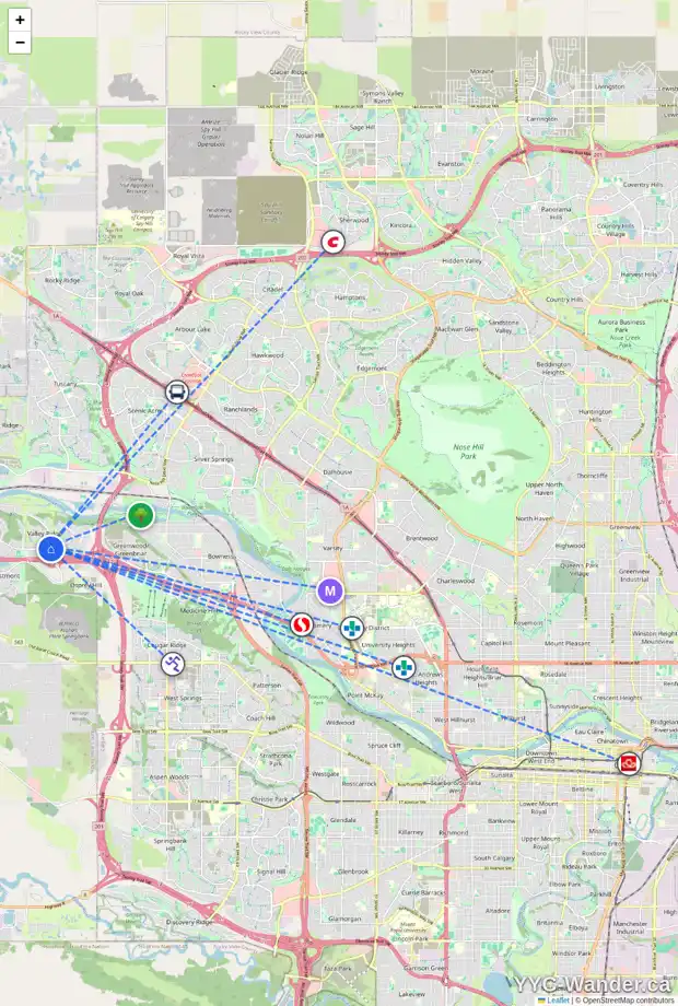 Daily accessibility map for 196 VALLEY RIDGE HT NW, Calgary showing nearby schools, grocery stores, parks, LRT stations and nearby amenities