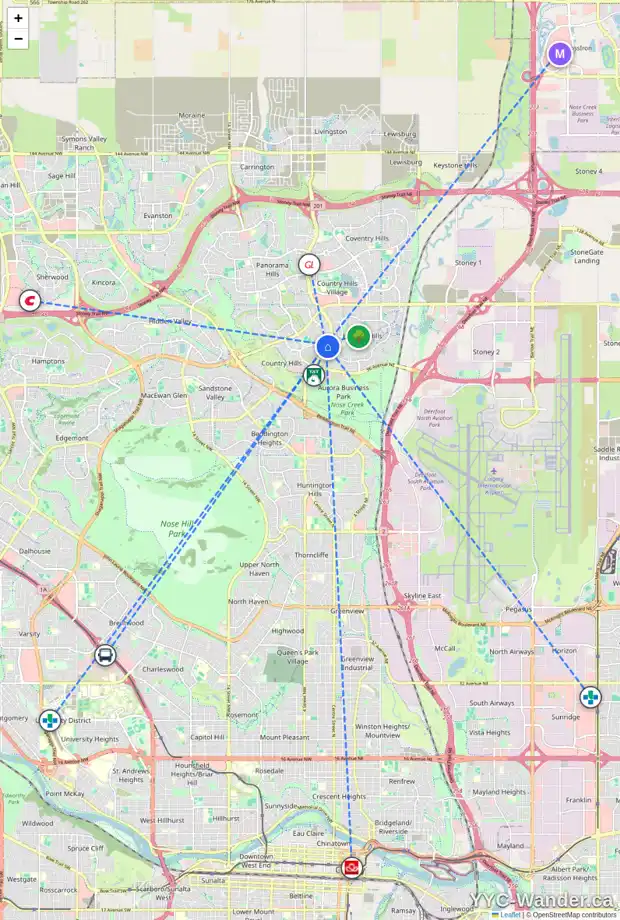 Daily accessibility map for 2096 COUNTRY HILLS CI NW, Calgary showing nearby schools, grocery stores, parks, LRT stations and nearby amenities