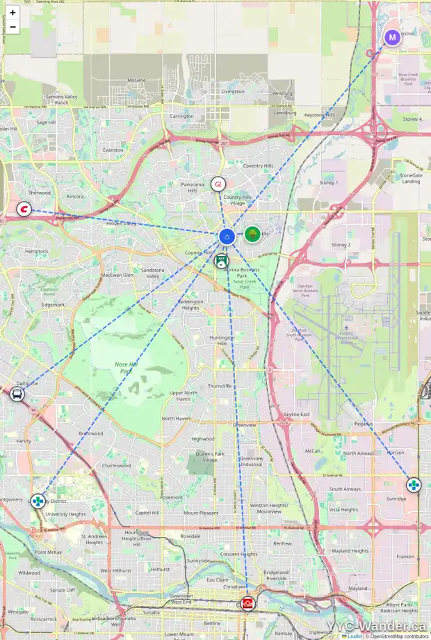 Daily accessibility map for 415 COUNTRY HILLS DR NW, Calgary showing nearby schools, grocery stores, parks, LRT stations and nearby amenities