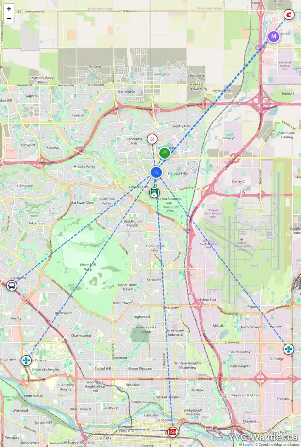 Daily accessibility map for 24 COUNTRY HILLS ME NW, Calgary showing nearby schools, grocery stores, parks, LRT stations and nearby amenities