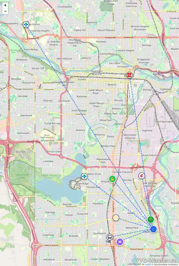 Daily accessibility map for 10520 MAPLERIDGE CR SE, Calgary showing nearby schools, grocery stores, parks, LRT stations and nearby amenities