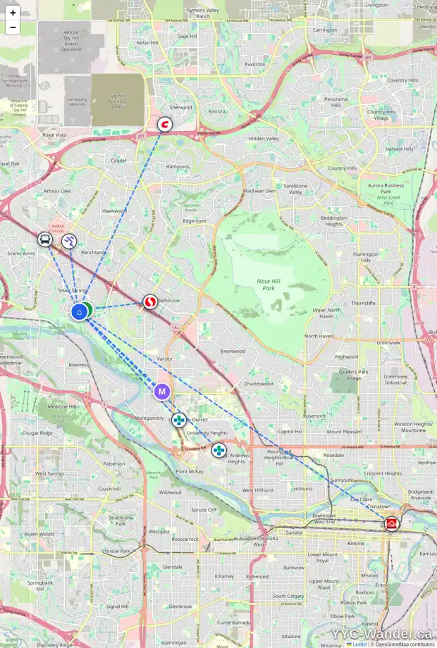 Daily accessibility map for 115 SILVER RIDGE CL NW, Calgary showing nearby schools, grocery stores, parks, LRT stations and nearby amenities