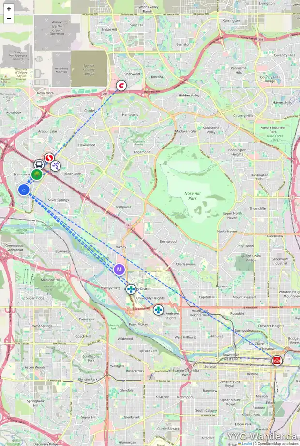Daily accessibility map for 164 SCANDIA HL NW, Calgary showing nearby schools, grocery stores, parks, LRT stations and nearby amenities