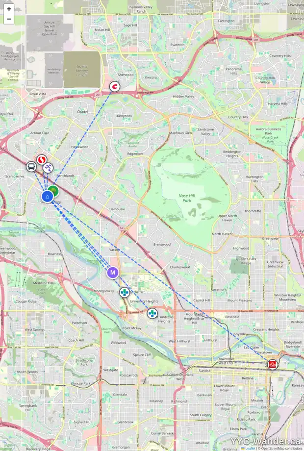 Daily accessibility map for 64 SILVER RIDGE RI NW, Calgary showing nearby schools, grocery stores, parks, LRT stations and nearby amenities
