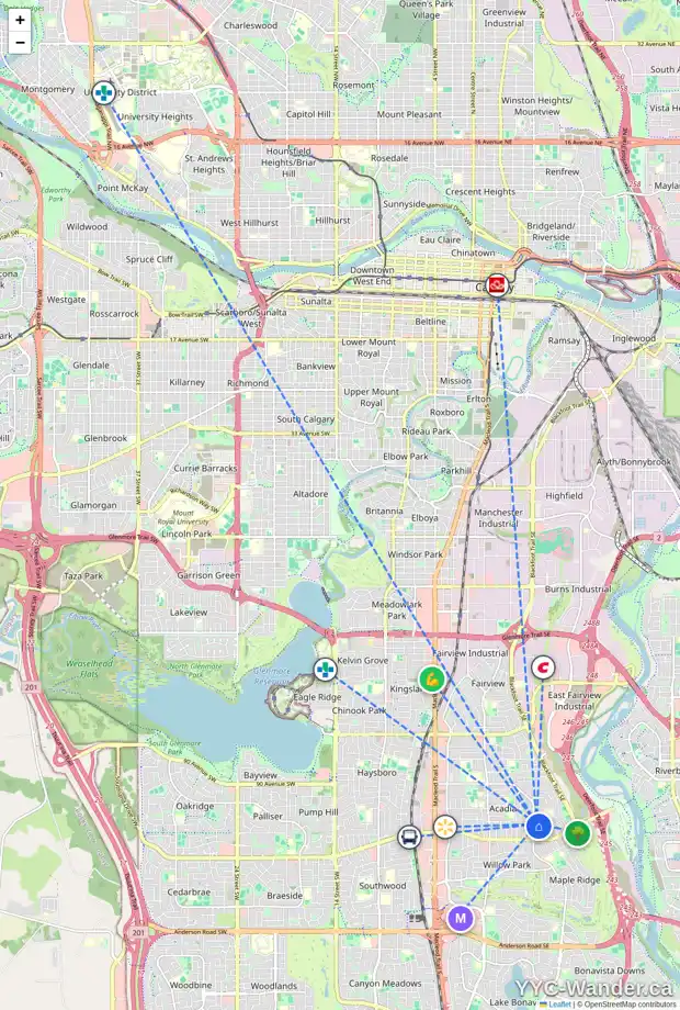 Daily accessibility map for 9812 ATHENS RD SE, Calgary showing nearby schools, grocery stores, parks, LRT stations and nearby amenities