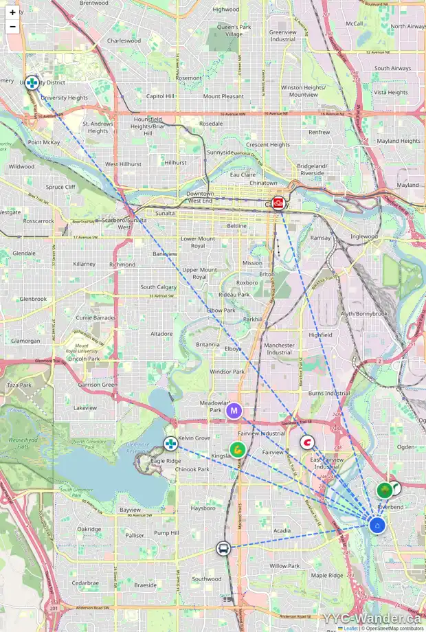 Daily accessibility map for 218 RIVERVIEW PA SE, Calgary showing nearby schools, grocery stores, parks, LRT stations and nearby amenities