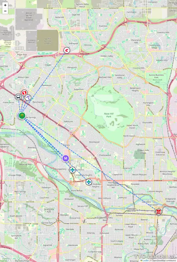 Daily accessibility map for 111 SILVERCREEK GR NW, Calgary showing nearby schools, grocery stores, parks, LRT stations and nearby amenities